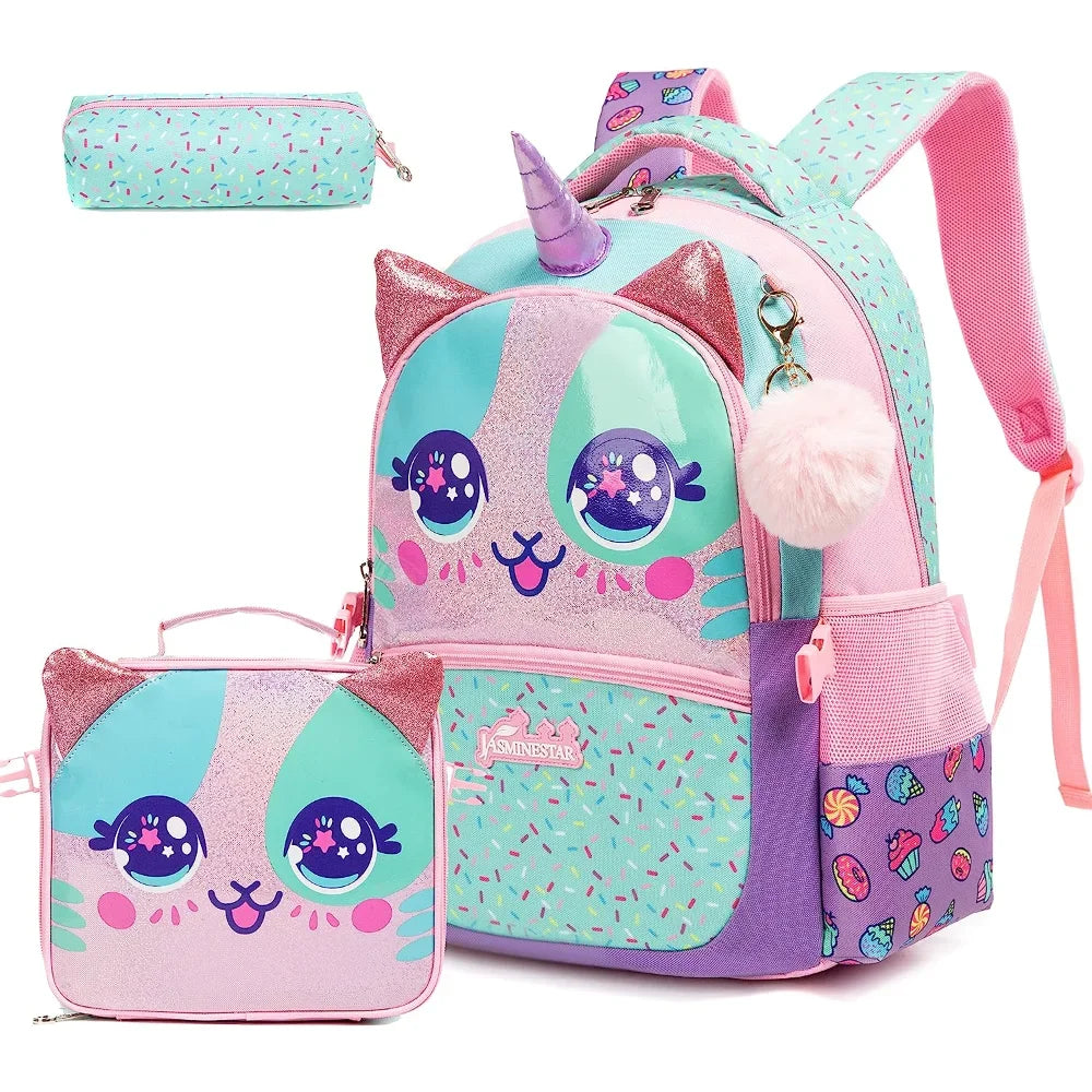 Bikab 3-Piece Girls Backpack Set — Cute School Bag with Matching Lunch Box