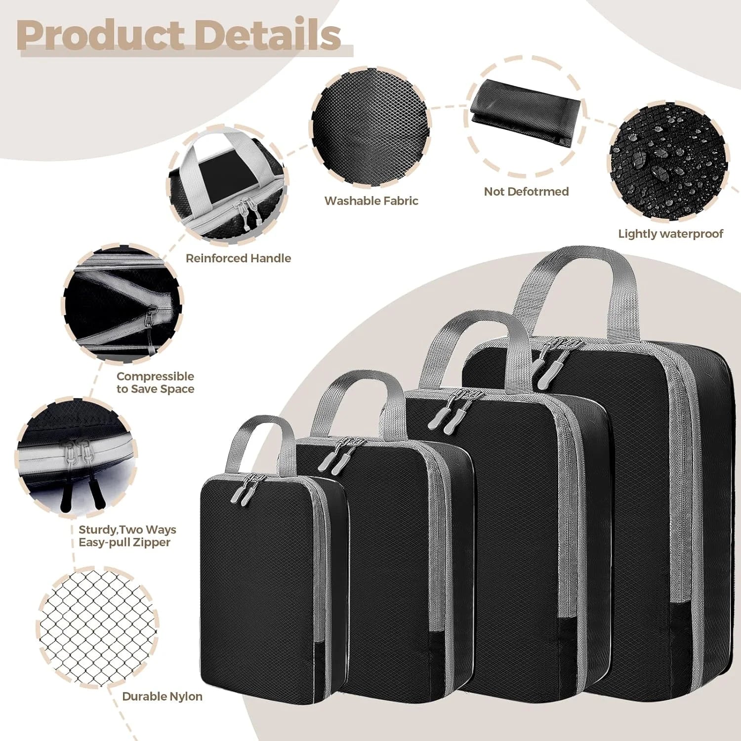Compression Packing Cubes — Space-Saving Travel Organizers, Waterproof Nylon