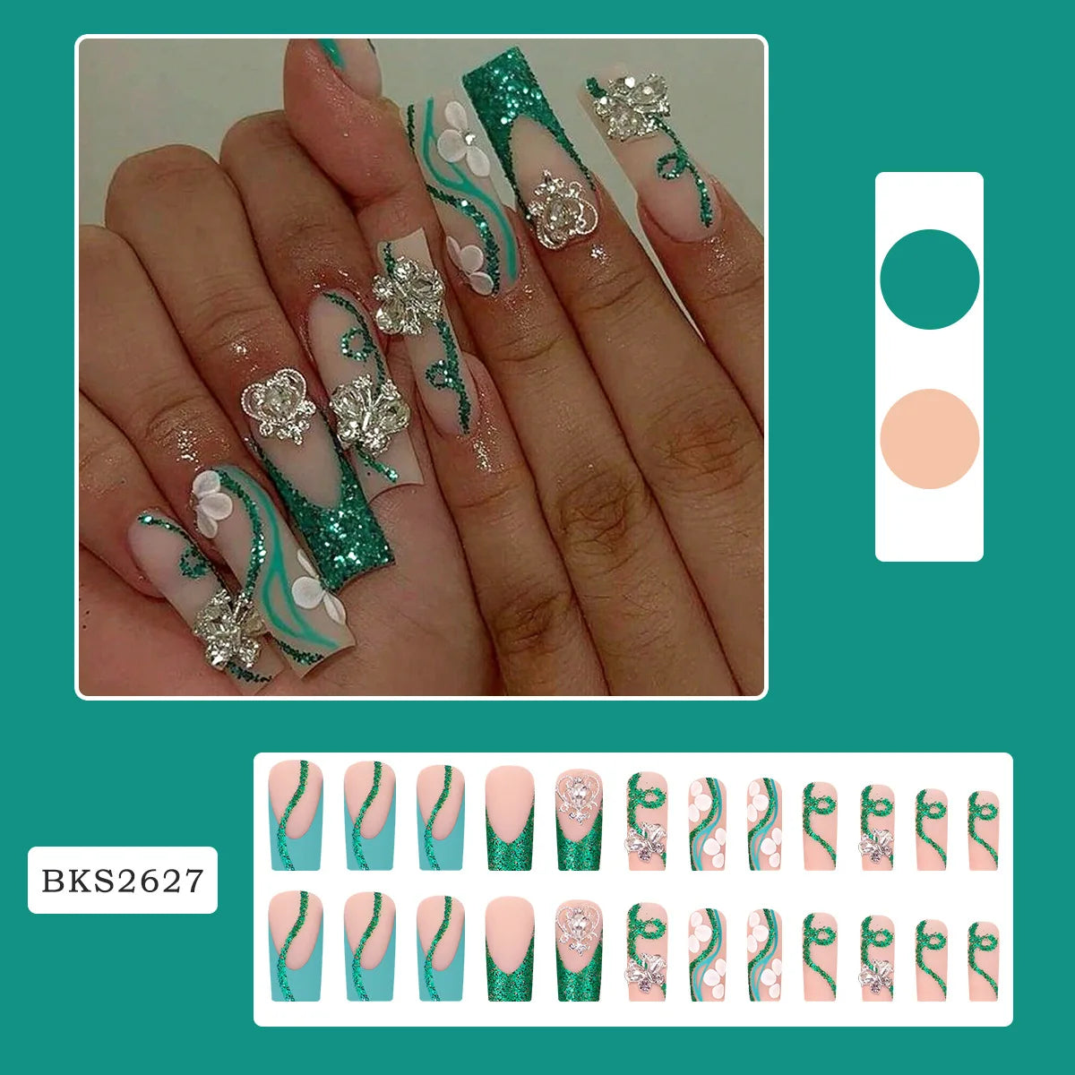 Long Coffin Press On Nails — Green French Tip Glitter Artificial Tips