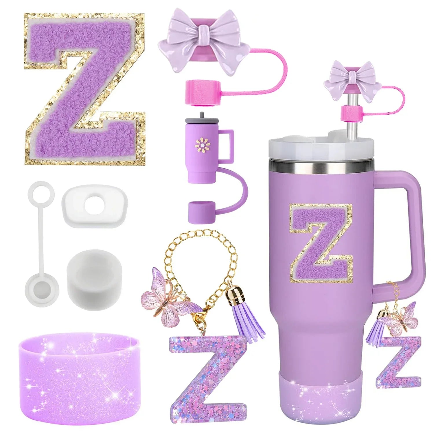 8-Piece Purple Tumbler Accessory Set — Silicone Straw Topper & Personalized Charms