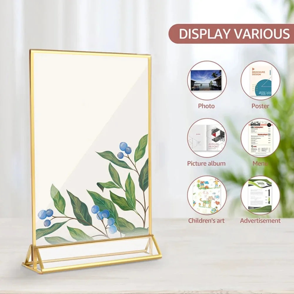 Transparent Acrylic Sign Holder — Elegant Gold Edge Table Display