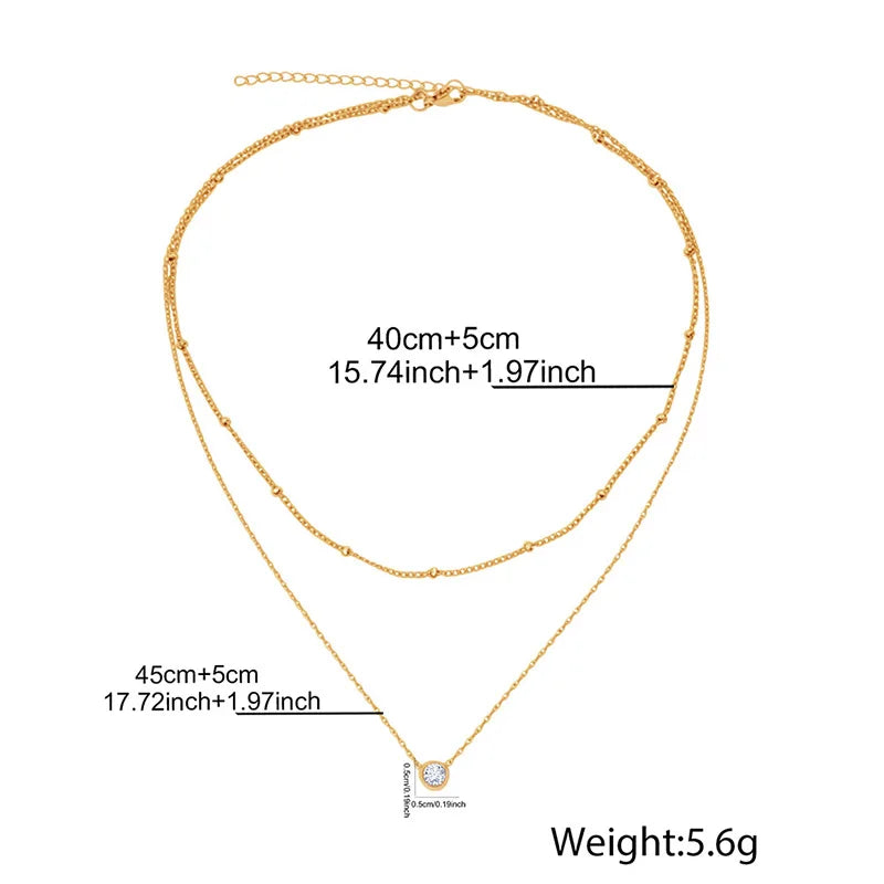 Double-Layer Stainless Steel Necklace — Elegant CZ Pendant with Beaded Detail