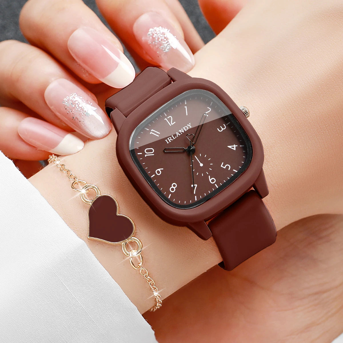 Women's Quartz Watch and Heart Bracelet Set — Square Dial with Silicone Strap