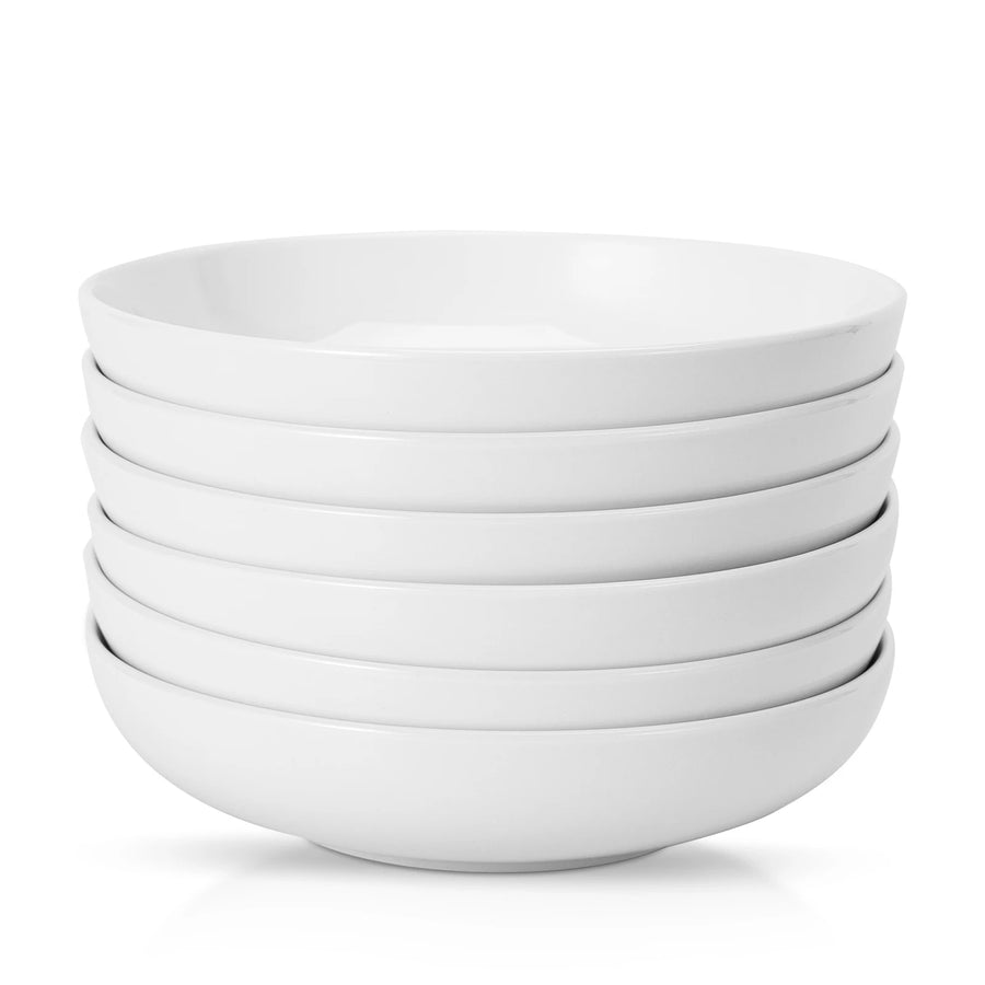 Ceramic Pasta Bowls Set — 6-Piece Large Shallow Serving Dishes, White