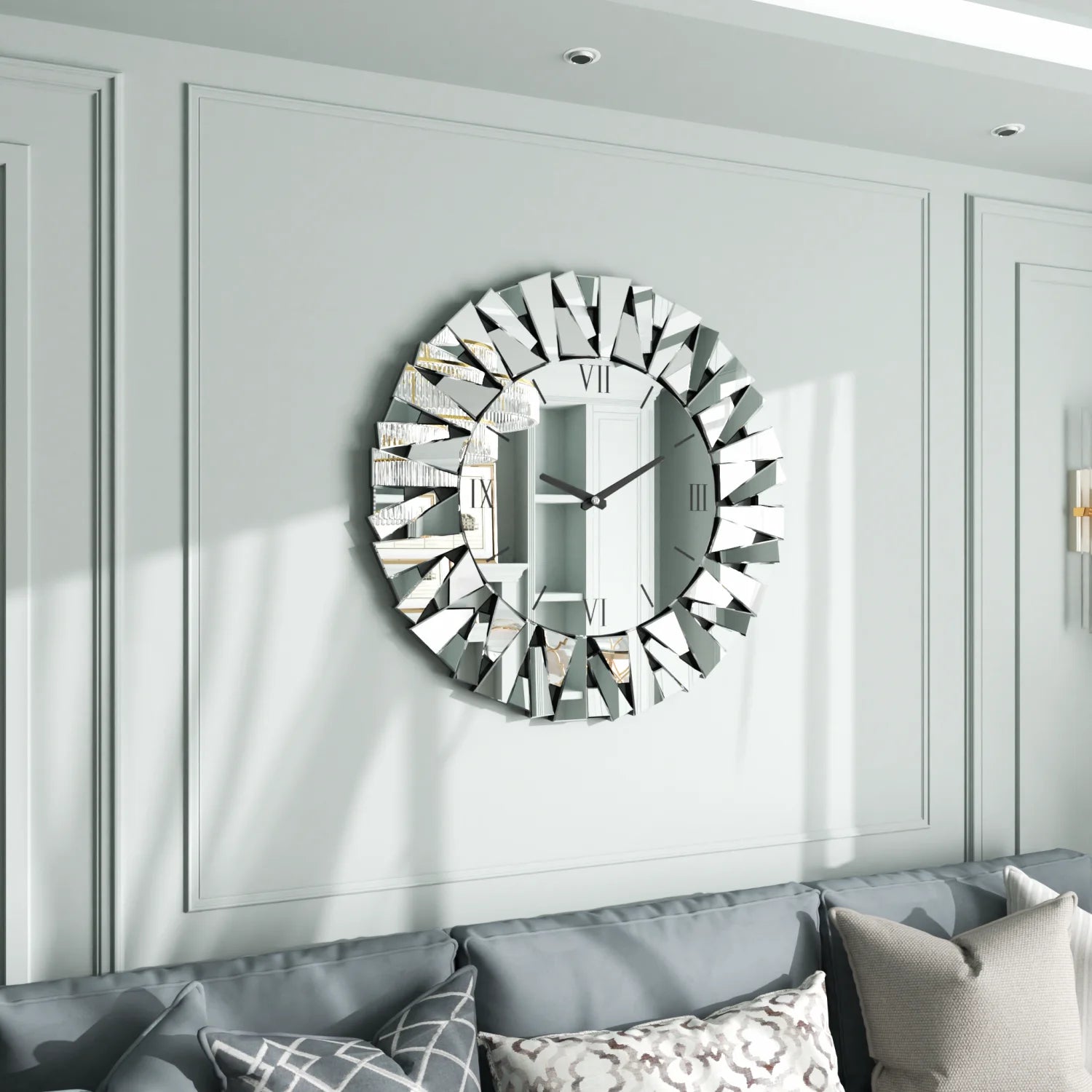 Large Mirrored Wall Clock — Modern Beveled Glass Decor for Living Room