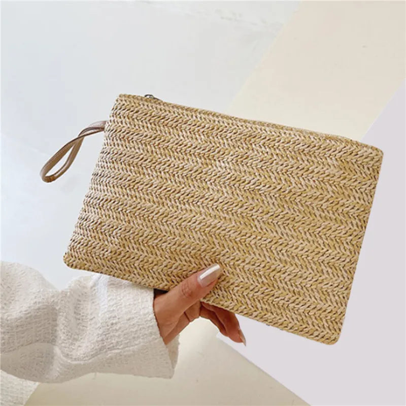 Woven Straw Wristlet Clutch — Bohemian Beach Wallet & Phone Pouch