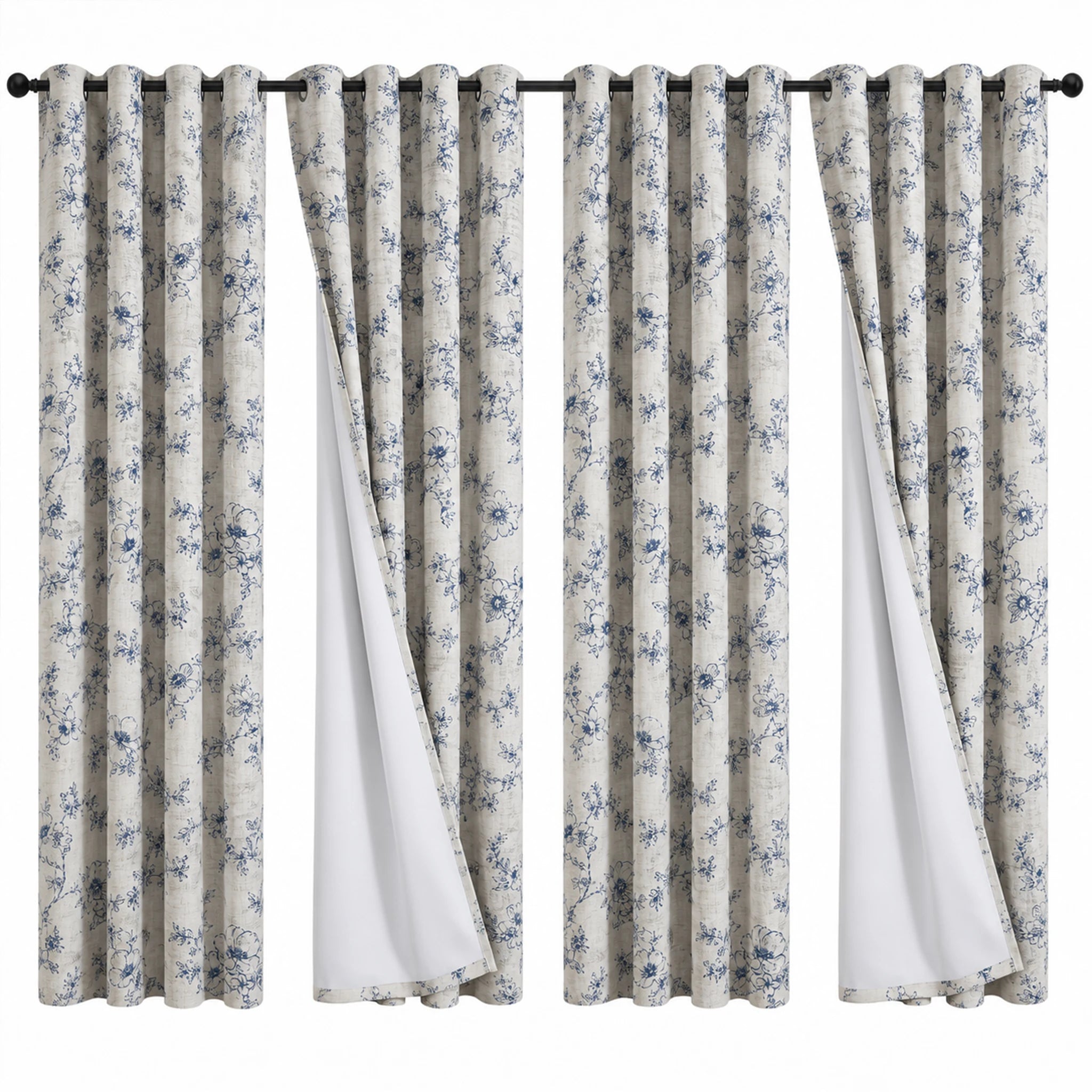Blue Floral Blackout Curtains — 4 Panel Thermal Insulated Set