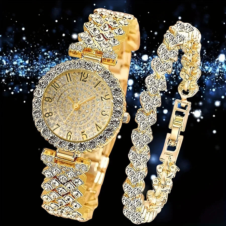 RUNERR Elegant Crystal Quartz Watch — Luxury Stainless Steel Bracelet Set