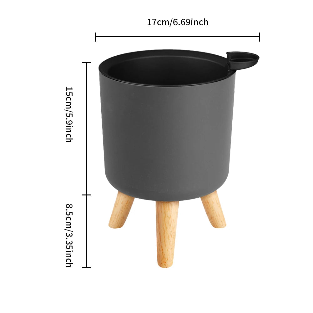 HOUSEEN Self-Watering Round Flower Pot — Modern Planter with Wooden Legs