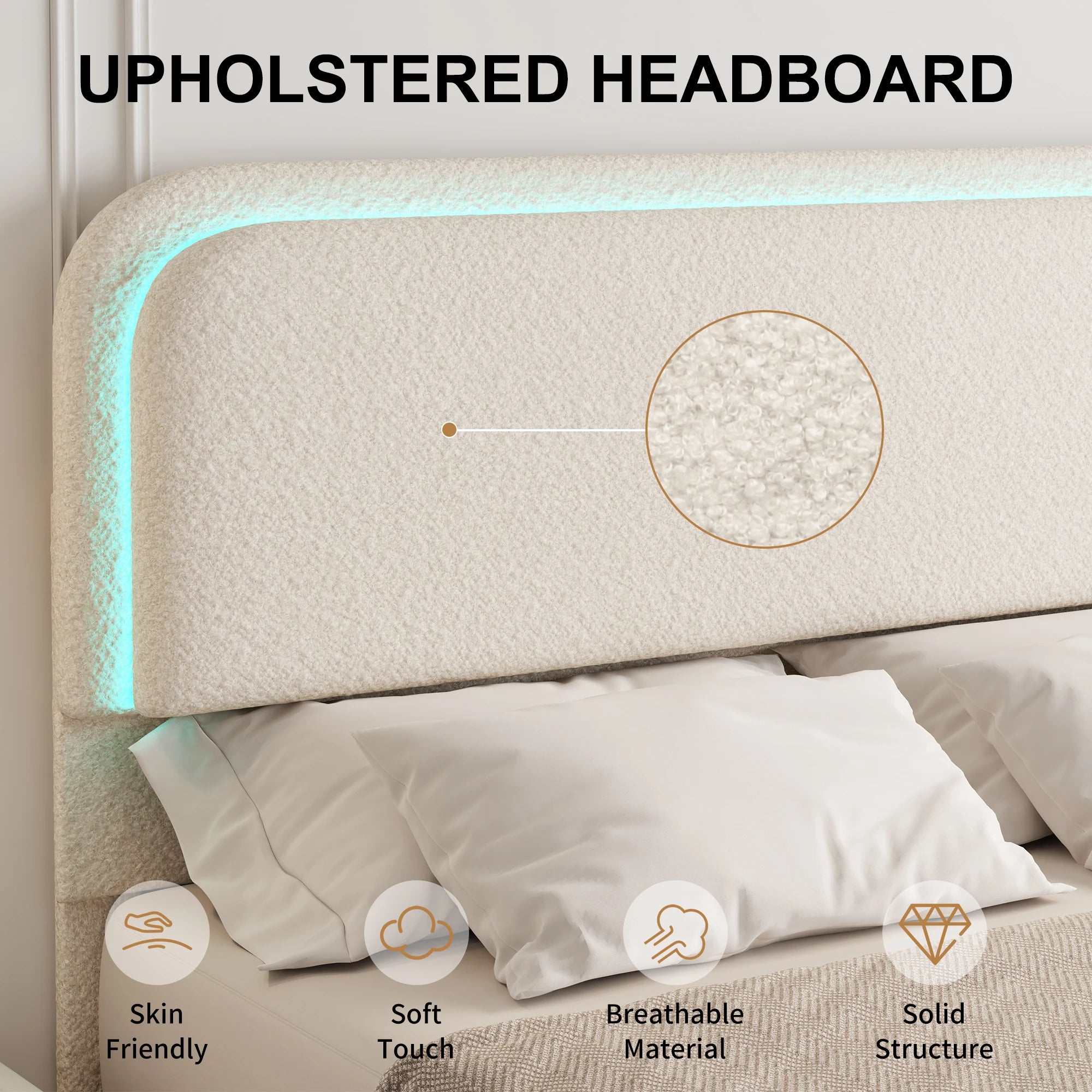 SIBEDS Teddy Fleece Upholstered Bed Frame — Modern Cloud Design with LED Lights