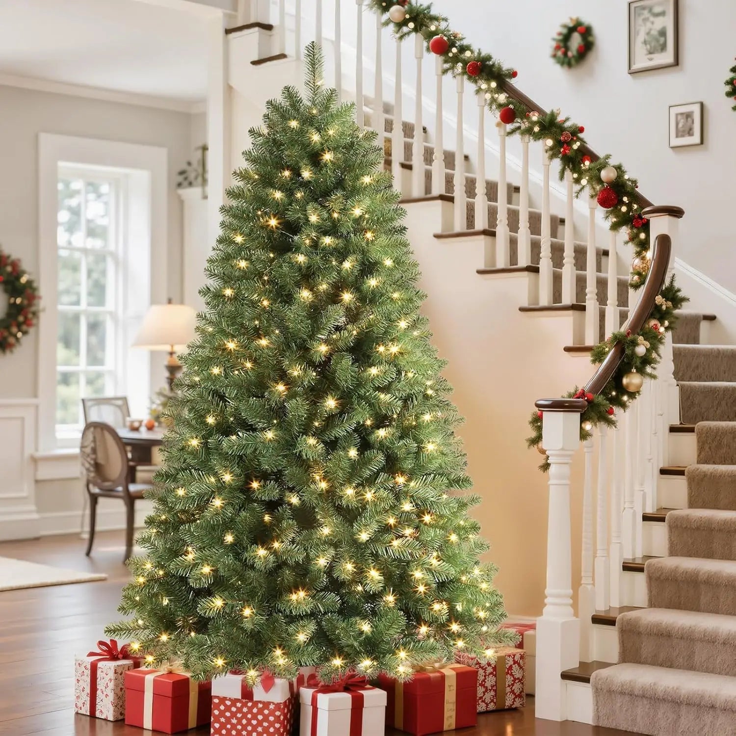 GAOMON Prelit Artificial Noble Fir Christmas Tree — Pink Snow Flocked Design