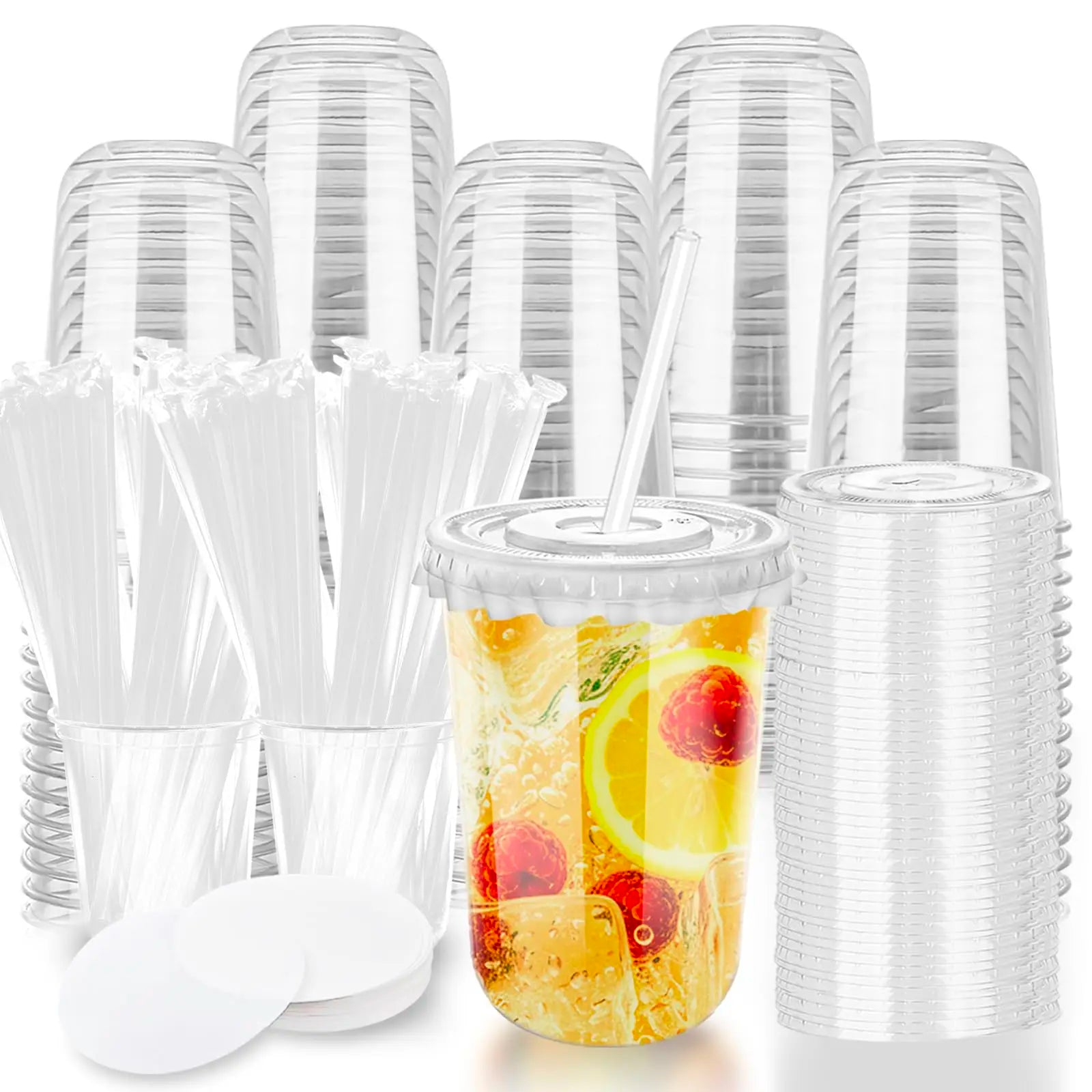 Disposable Stemless Wine Glasses — Clear Plastic Cups with Lids and Straws