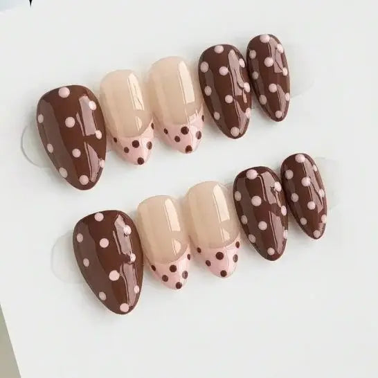 Handmade Short Almond Press On Nails — Glossy Polka Dot Design