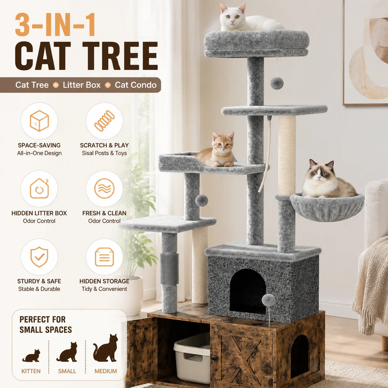 3-in-1 Modern Cat Tree — Hidden Litter Box & Activity Center