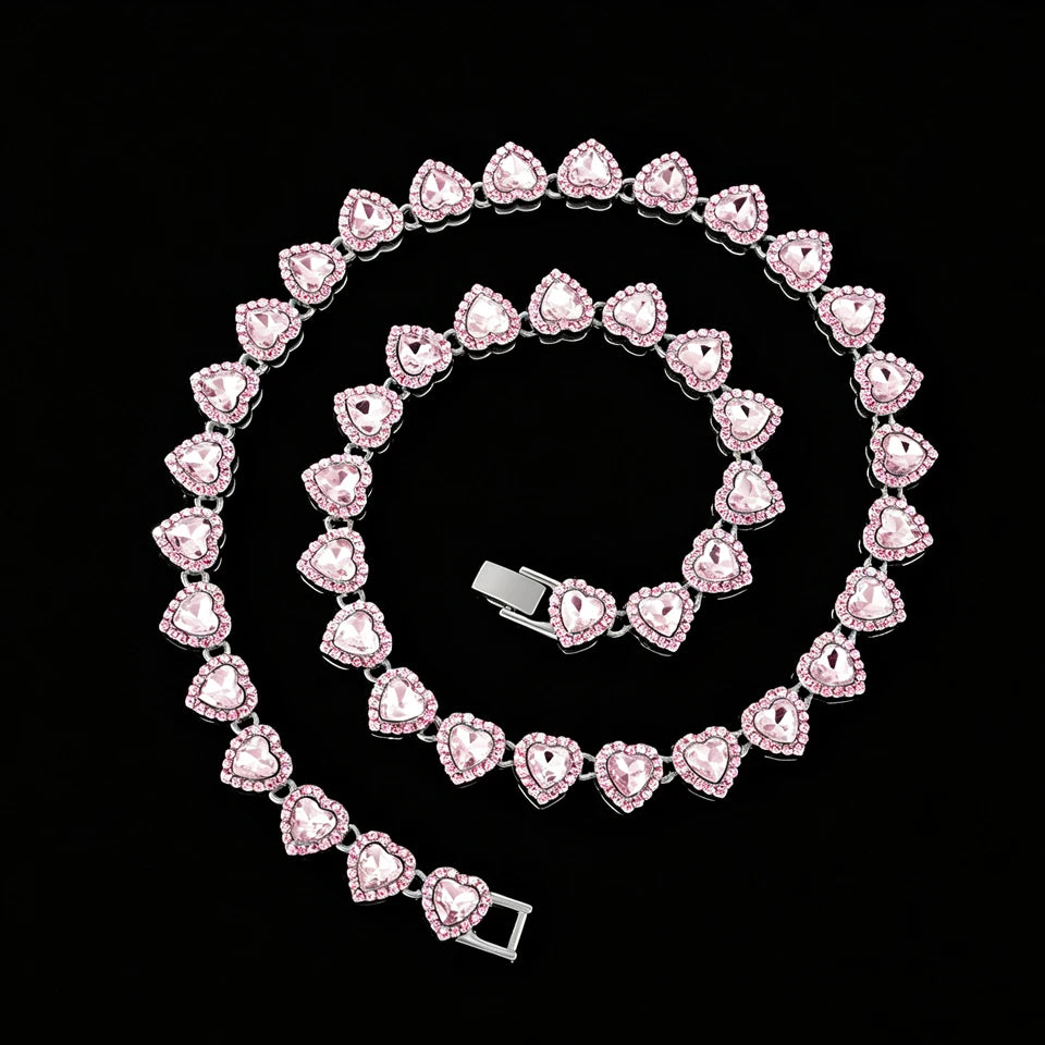 Hip Hop Rhinestone Heart Jewelry Set — Tennis Chain Necklace and Bracelet