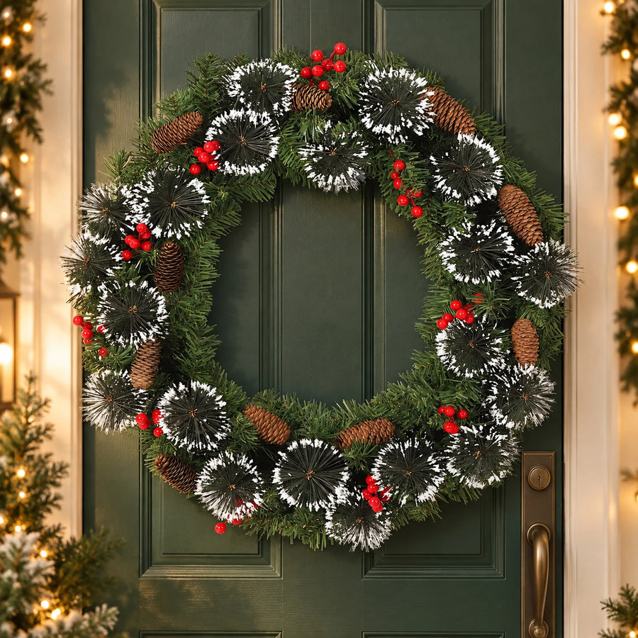 Pre-Lit Artificial Christmas Wreath — Warm White LED Lights & Red Berries