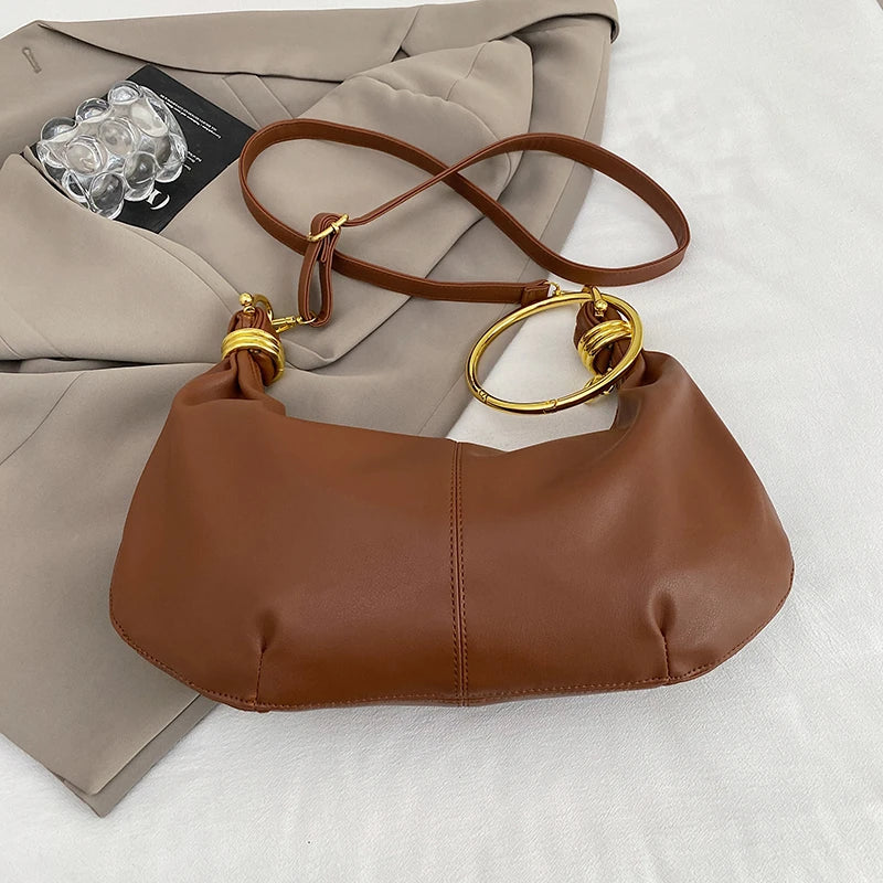 Elegant PU Leather Hobo Bag — Stylish Gold Ring Handle Tote
