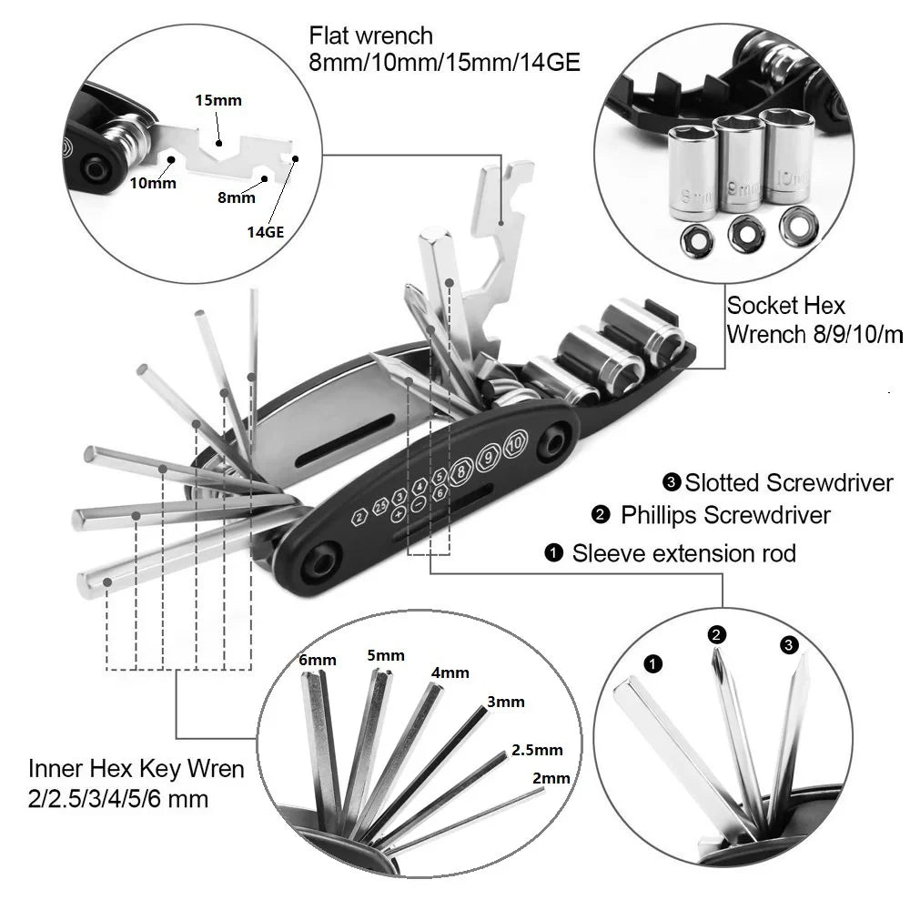 16-in-1 Bicycle Multitool Kit — Folding Metric Repair Set with Tire Levers