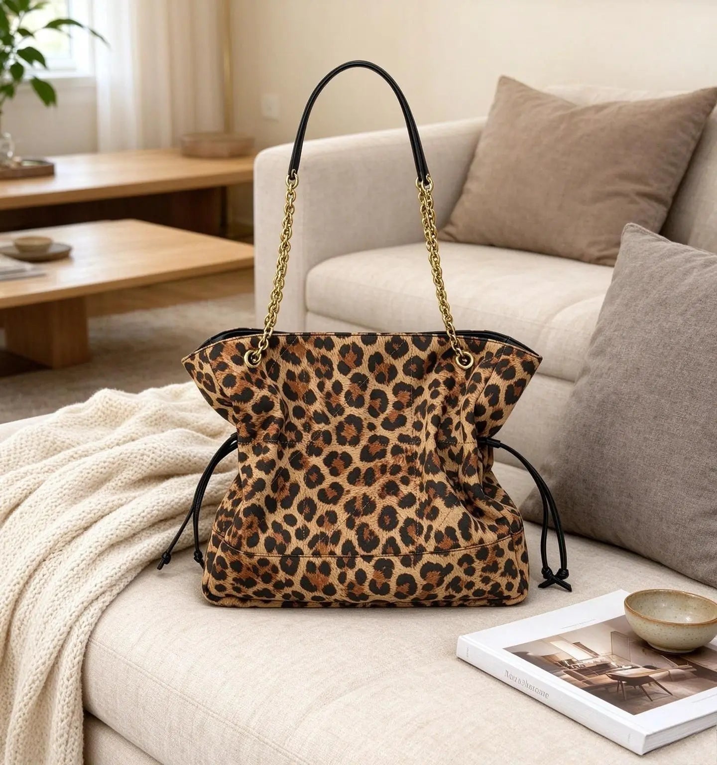 Leopard Print Drawstring Tote — Large Capacity Shoulder Bag with Chain Strap