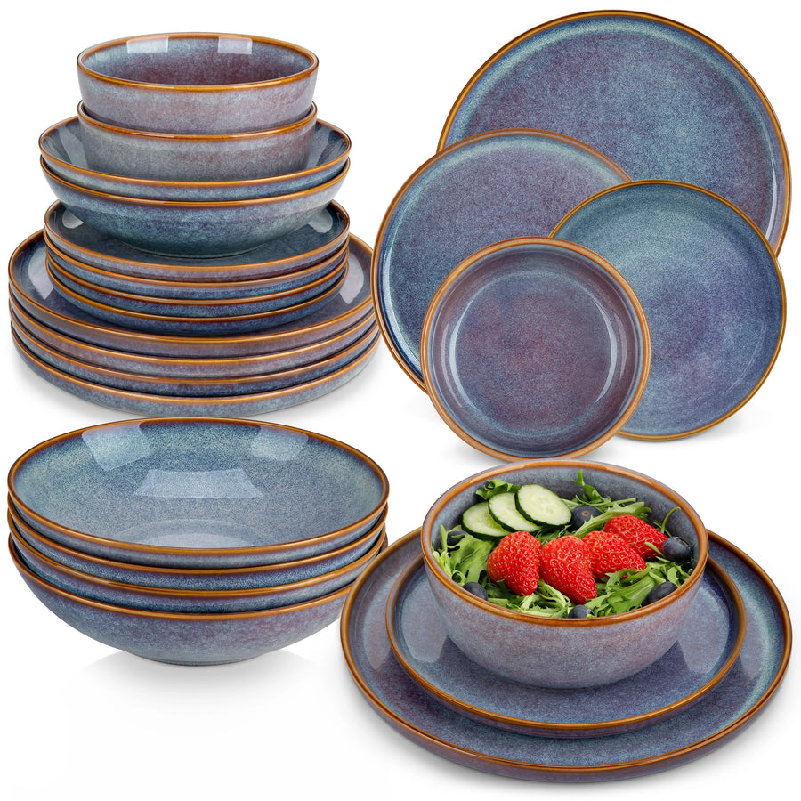 MALACASA Reactive Glaze Stoneware Dinnerware Set — Unique Grey-Blue Ceramic Plates