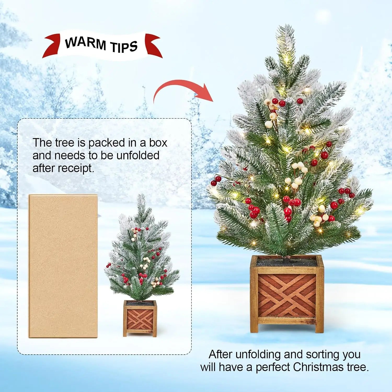 Garvee 24-Inch Pre-Lit Mini Christmas Tree — Flocked Tabletop Decor