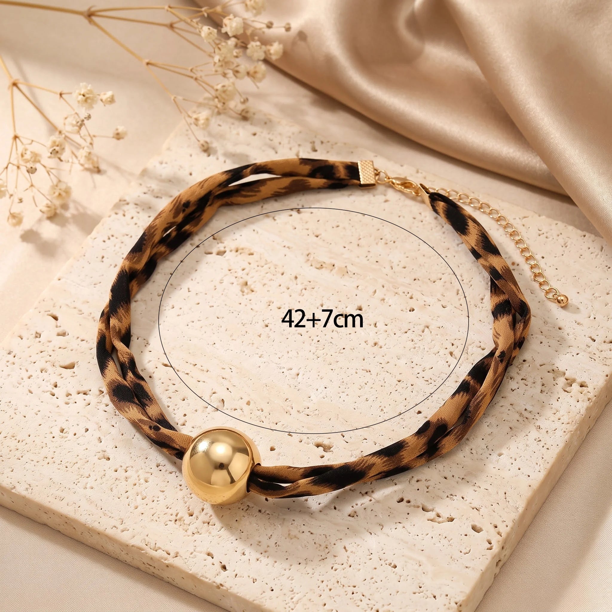 Obega Leopard Print Fabric Choker — Twisted Design with Gold Ball Bead
