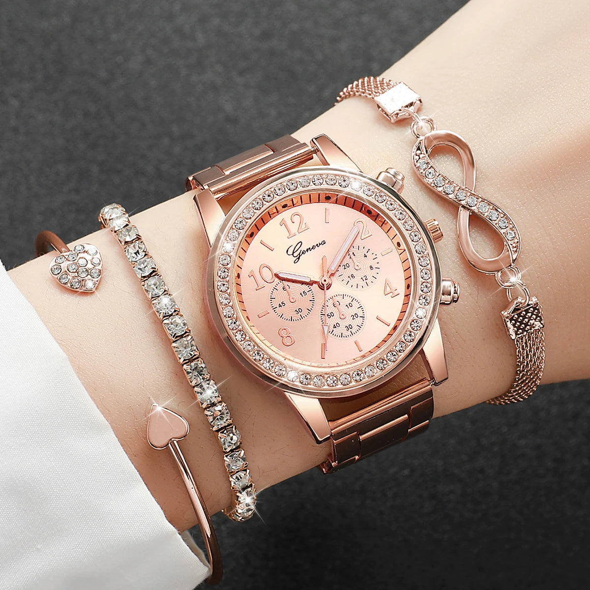 Women's Rhinestone Quartz Watch & Bracelet Set — Elegant Jewelry Accessory Kit