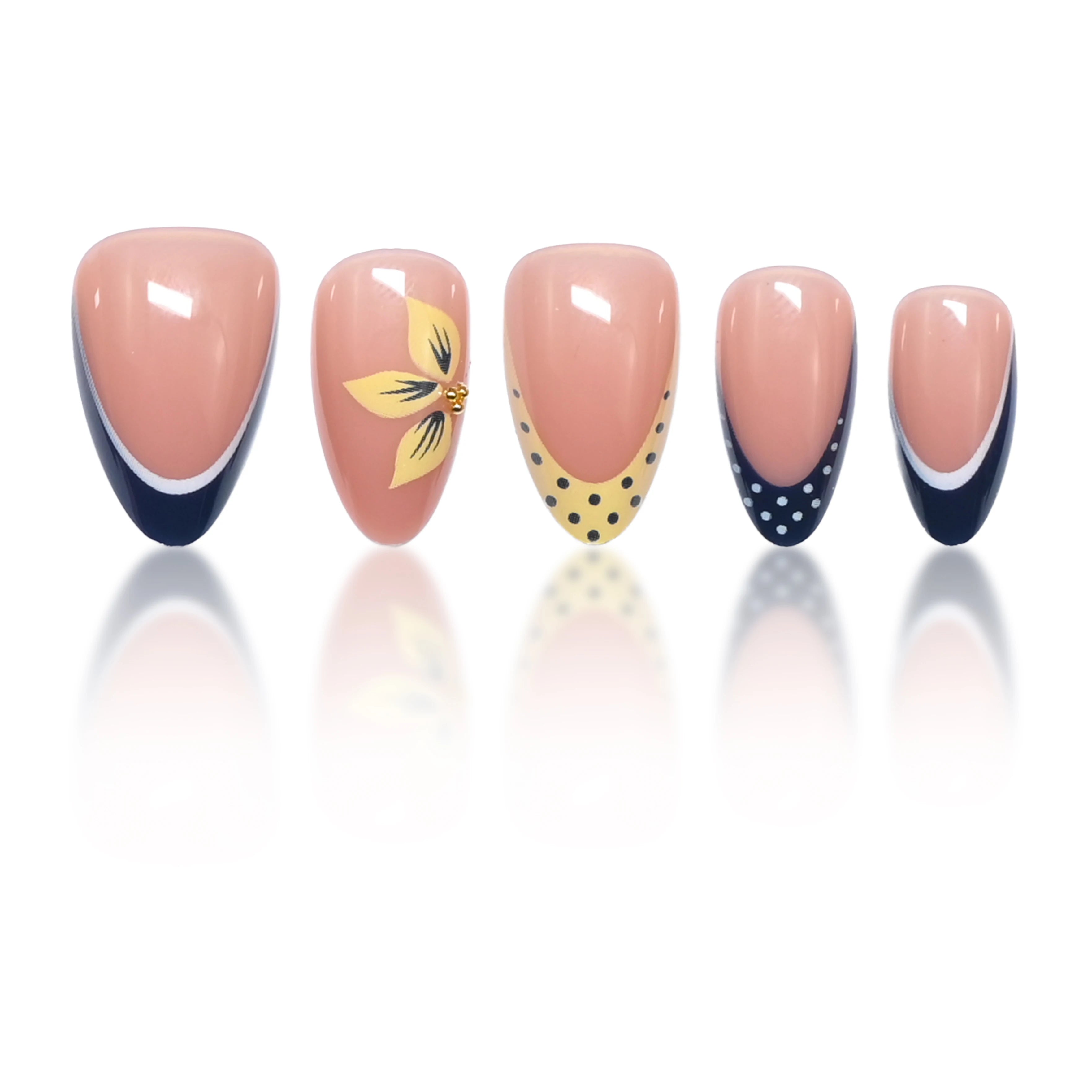 Handmade Almond Press-On Nails — Navy and Yellow Polka Dot Design