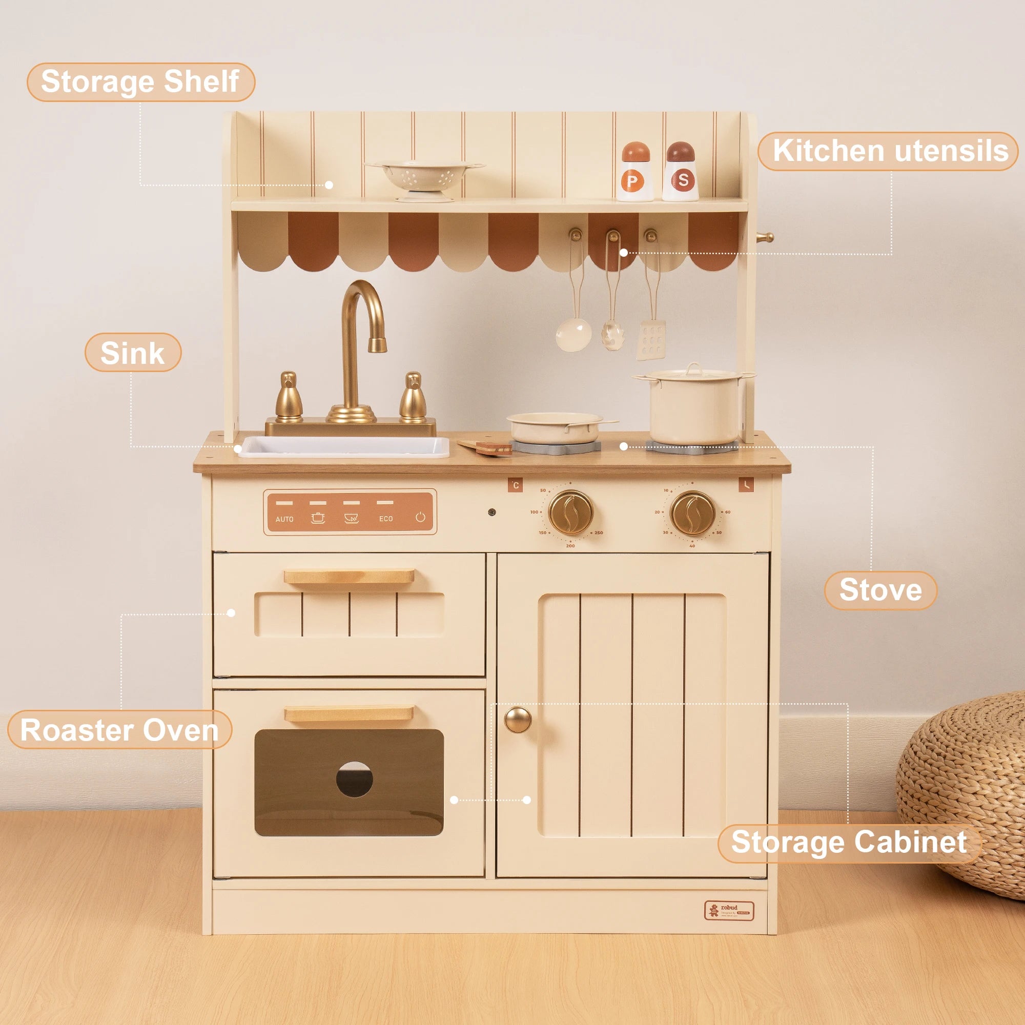 Robud Wooden Play Kitchen Set — Pretend Play Toy with Accessories, Beige