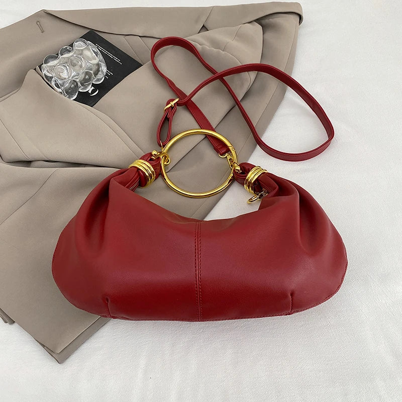 Elegant PU Leather Hobo Bag — Stylish Gold Ring Handle Tote