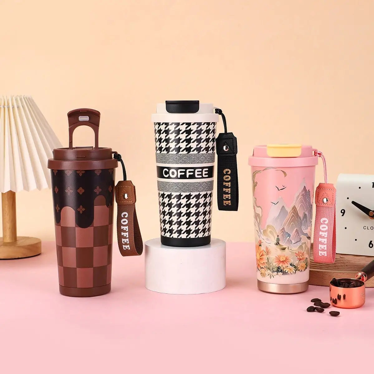 Insulated Stainless Steel Coffee Tumbler — Leakproof Travel Mug with Lanyard
