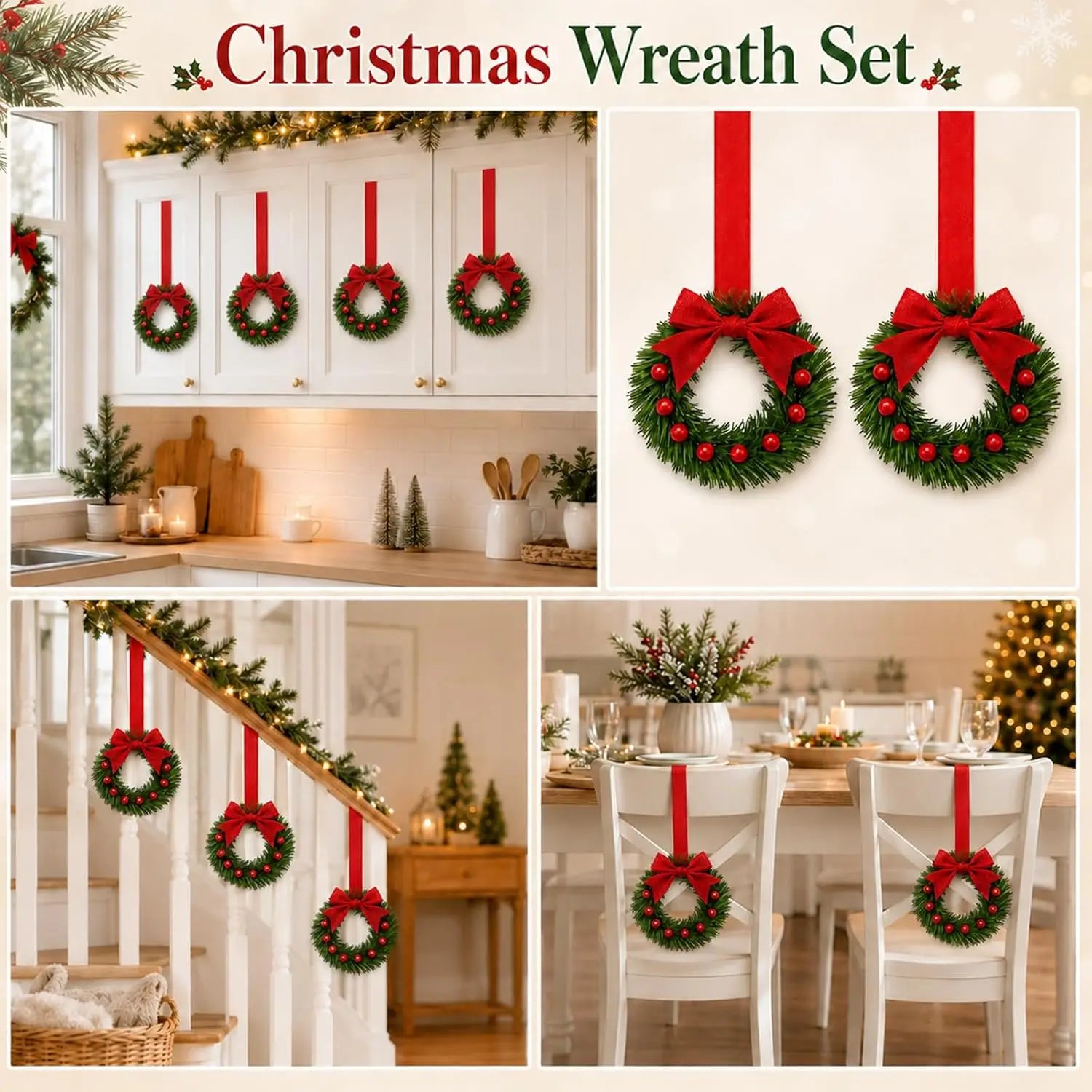 12-Piece Mini Christmas Wreath Set — Small Hanging Holiday Decor for Home and Office