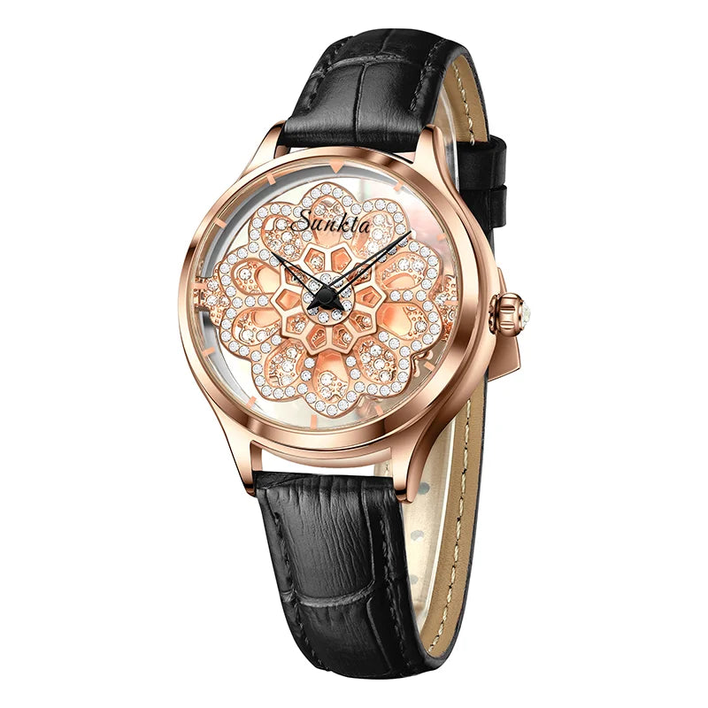 LIGE Luxury Rotating Quartz Watch — Sparkling Crystal Women's Fashion Accessory
