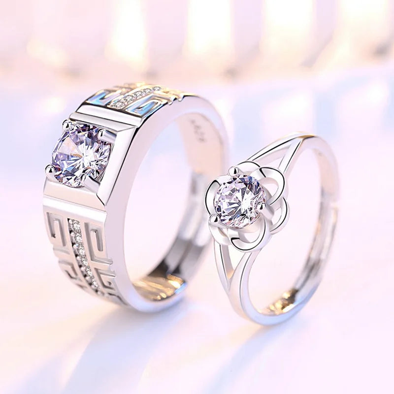 Luxury Zircon Couple Rings — Shiny Crown and Heart Design for Lovers
