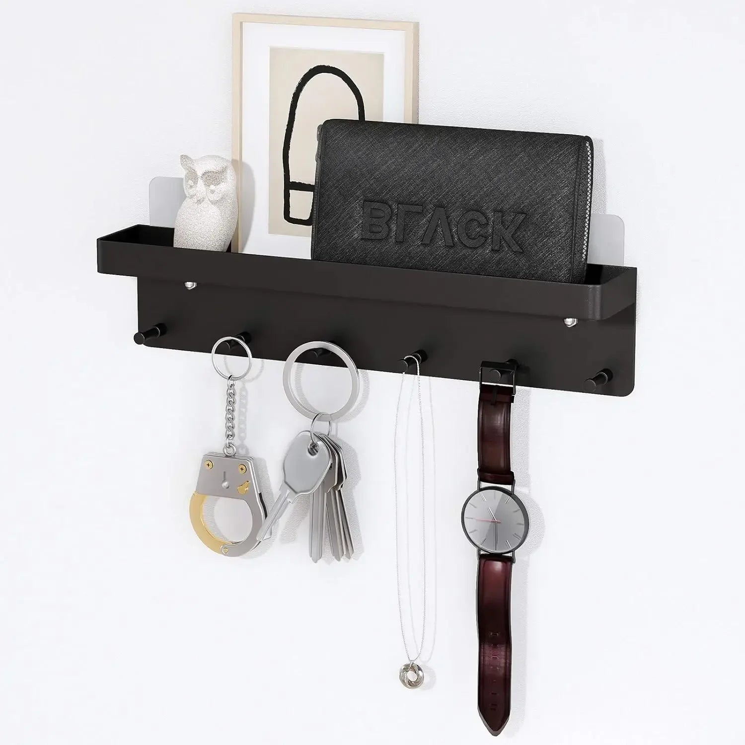 Wall Mount Key Holder — Adhesive Organizer with Mail Tray and 6 Hooks