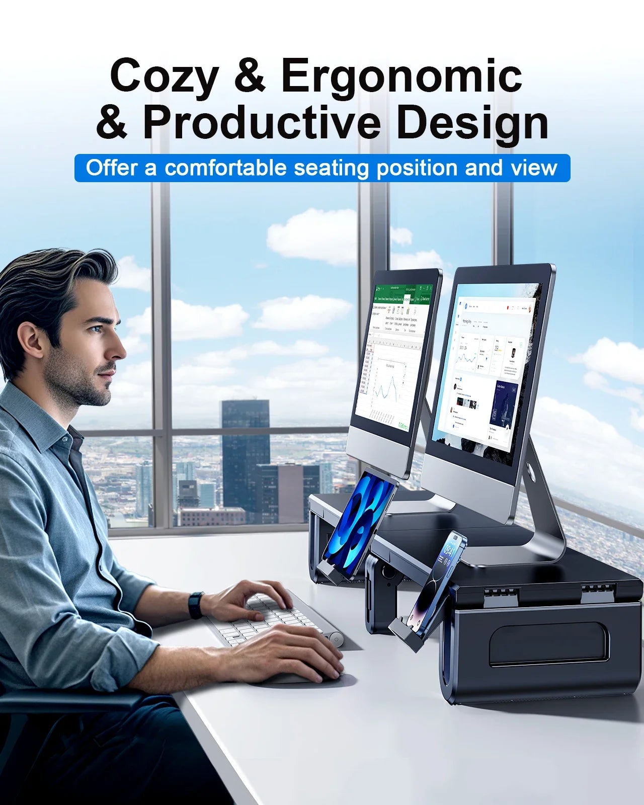 Dual Monitor Stand Riser — Adjustable Desktop Organizer with Phone Holder