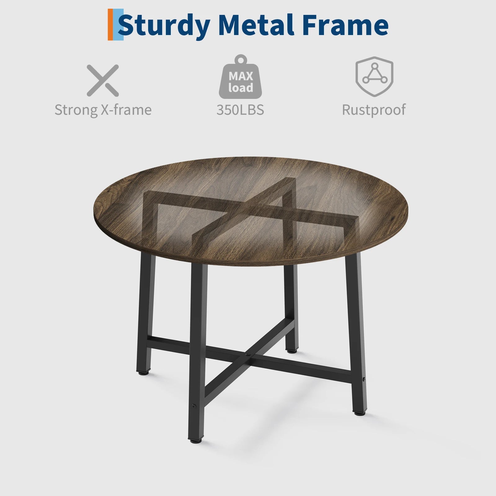 Round Dining Table — Industrial Farmhouse Wood Kitchen Table, Black Walnut Brown