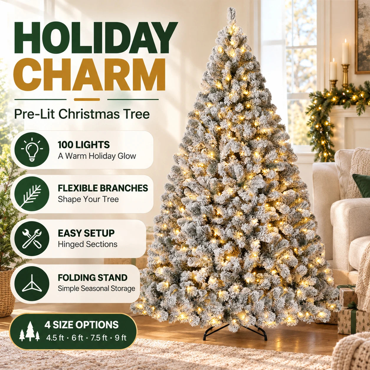 ANIXOL Artificial Christmas Tree — Pre-Lit with Snowflake Decor