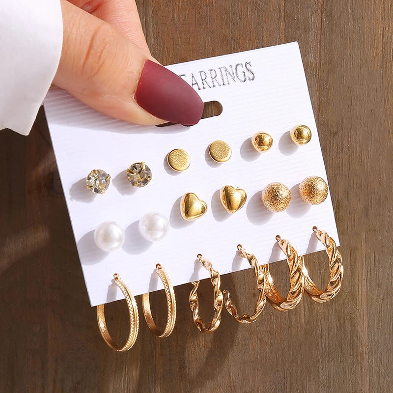 Vintage Geometric Pearl Earrings Set — Gold Tone Dangle & Stud Jewelry
