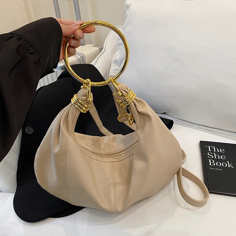 Elegant PU Leather Hobo Bag — Stylish Gold Ring Handle Tote