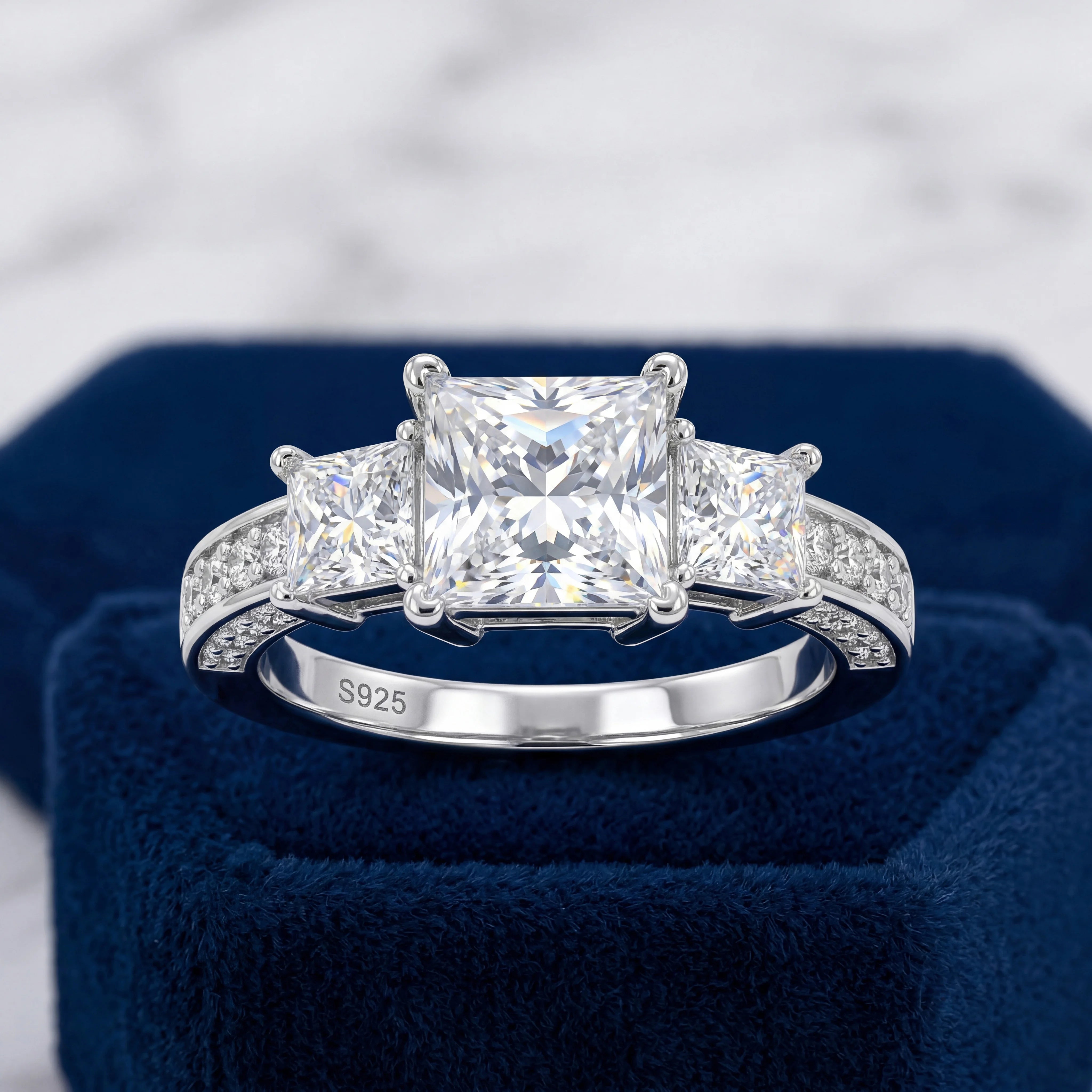 LYEE CYEE Princess Cut Moissanite Ring — Three Stone S925 Silver Wedding Band