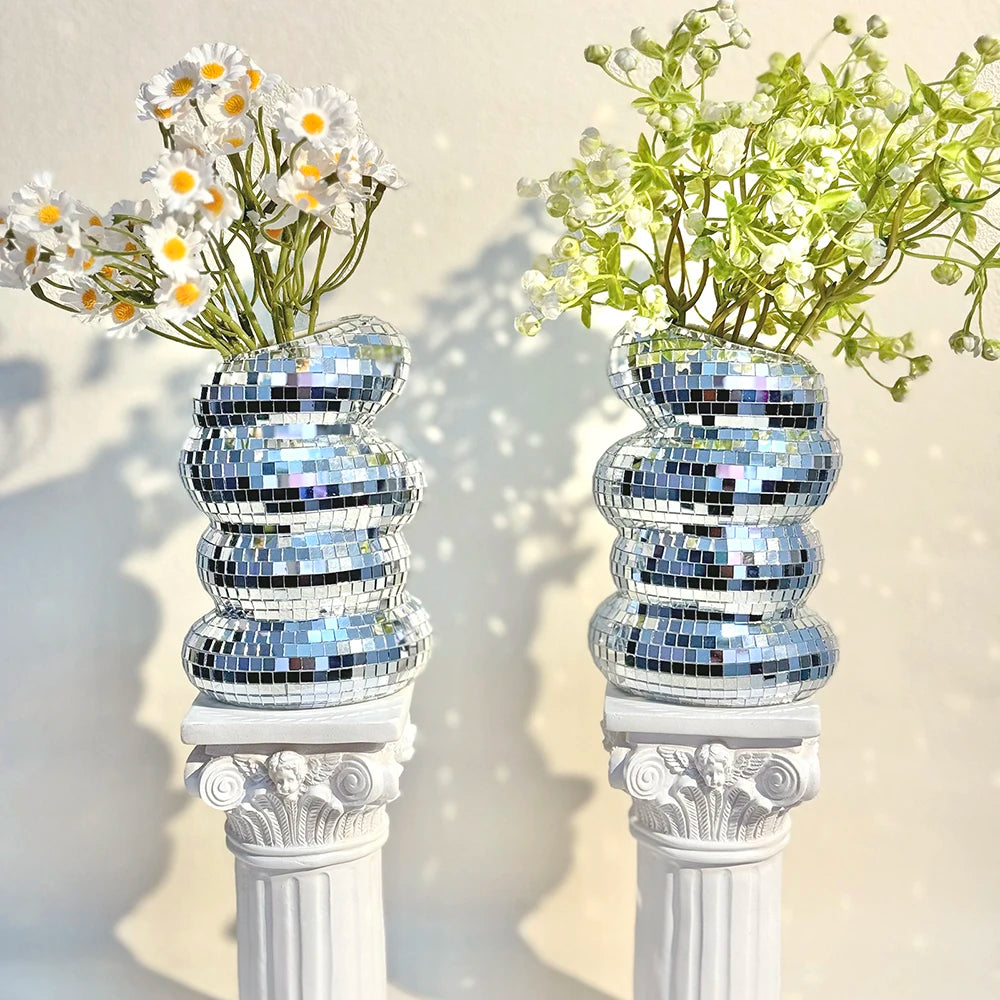 FngJiuyer Disco Ball Spiral Vase — Reflective Mirror Tile Flower Decor