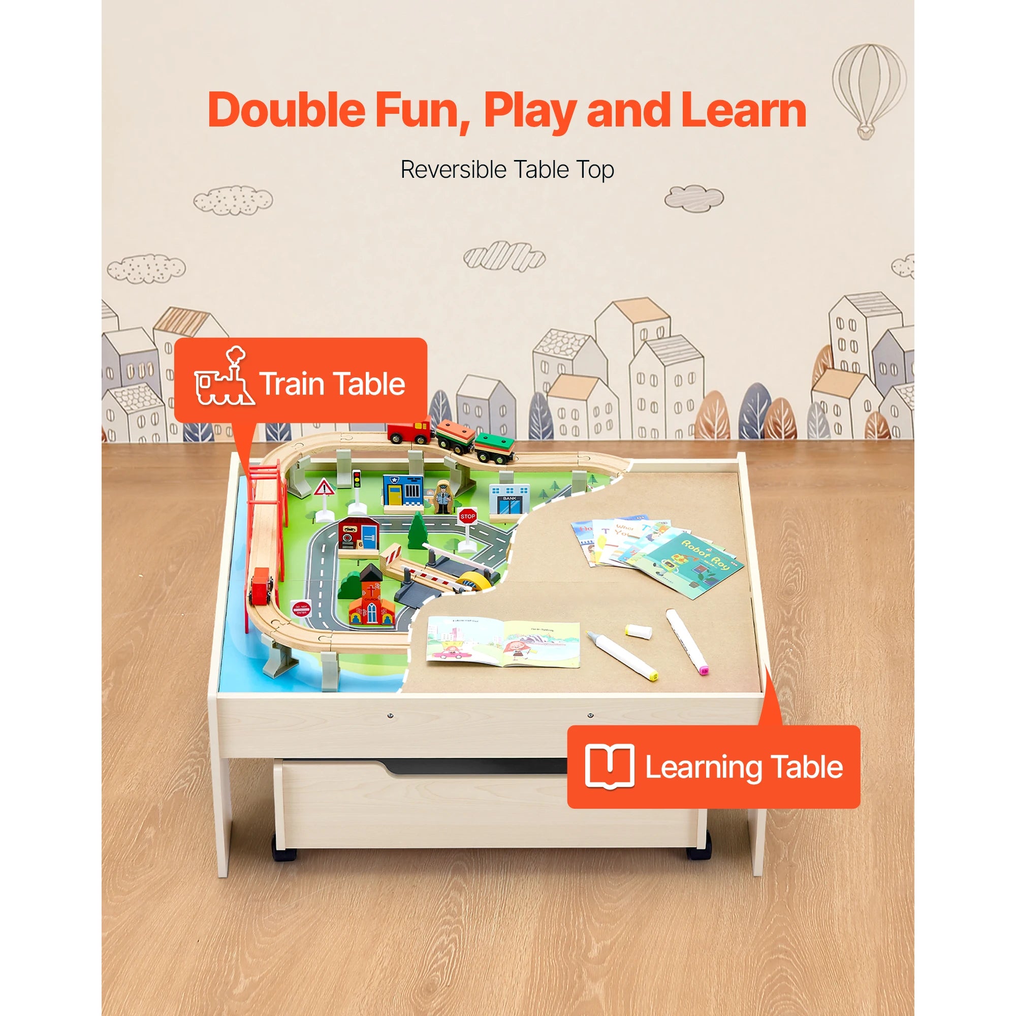 SucceBuy 3-in-1 Wooden Train Table — 100-Piece Activity Set with Storage