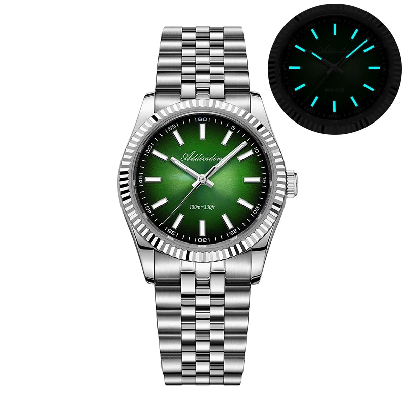 ADDIESDIVE 36mm Men's Quartz Watch — Luminous Jubilee Stainless Steel Strap