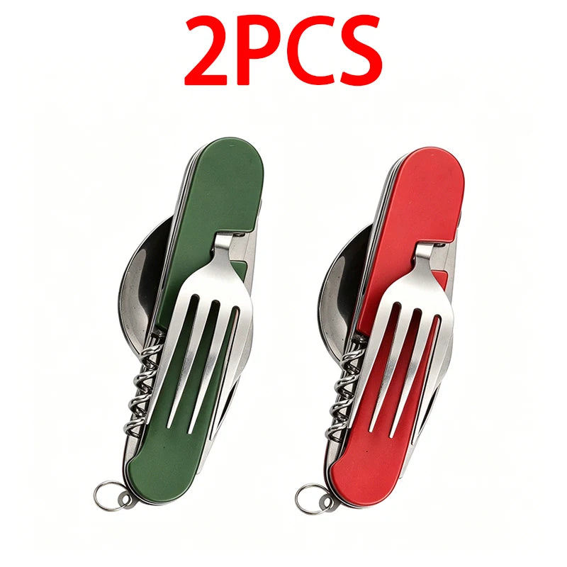 6-in-1 Stainless Steel Camping Cutlery Set — Portable Folding Outdoor Kit