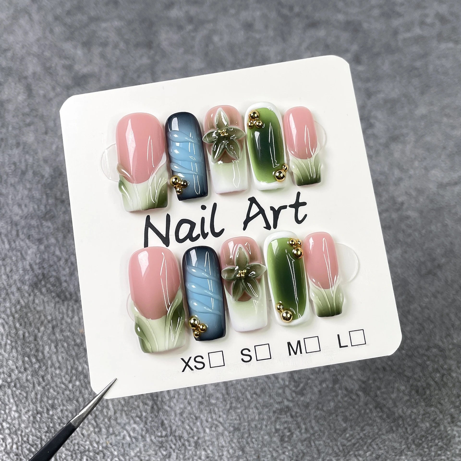 Qsezeny Green Floral Press On Nails — Medium Coffin French Gradient Design