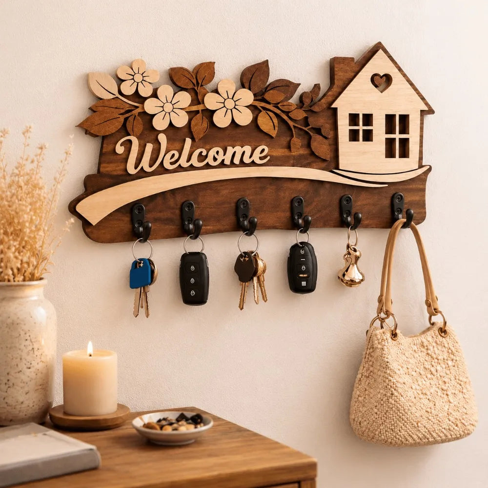 Farmhouse Wall-Mounted Key Holder — Multi-Tier Wood Organizer with Welcome Sign