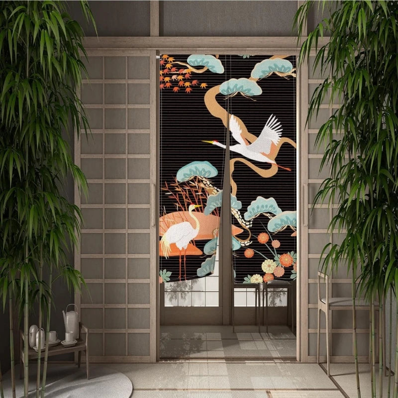Japanese Style Crane and Flower Doorway Curtain — Decorative Noren Tapestry