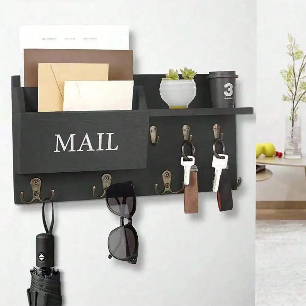 Wall Mount Key Holder & Mail Organizer — Multi-Function Entryway Shelf