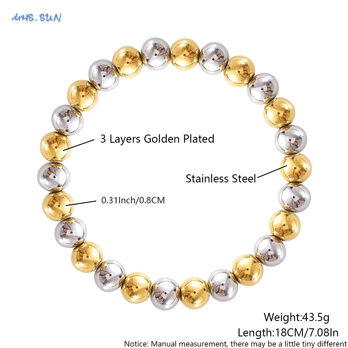 MHS.SUN Stainless Steel Beaded Bracelet — Gold Plated Stackable Jewelry